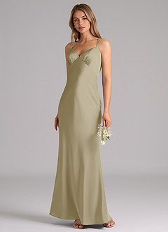 Azazie Suttona Robes de demoiselle d'honneur Robe Trapèze en Satin extensible Plissée Vert Mousse image4