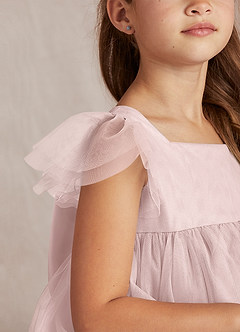 Azazie Kalio Flower Girl Dresses Blushing Pink A-Line with Sleeves Tulle Dress image3