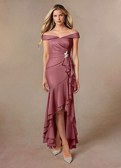 Azazie Billings Mother of the Bride Dresses Desert Rose Mermaid Off the Shoulder Stretch Satin Dress image5
