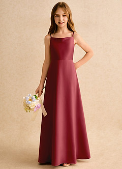 Azazie Joella Girls Formal Flower Girl Dresses Pomegranate A-Line Pleated Matte Satin Dress image6