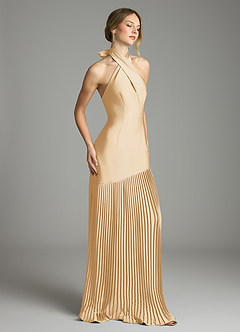 Azazie Nayeli Jurken voor bruidsmeisjes Jurk van Stretch Satijn met A-Lijn Geplooid Goud image5