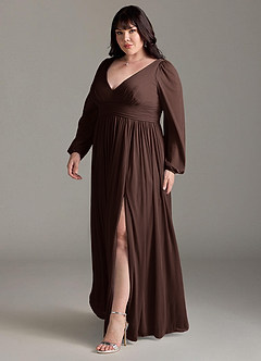 Azazie Norah Vestidos de damas de honor Vestido de Ganache de Gasa de Corte en A con Manga larga con cuello en V image11