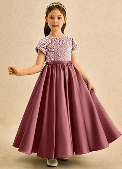 Azazie Cashew Flower Girl Dresses Amethyst Ball-Gown with Sleeves Matte Satin Dress image4