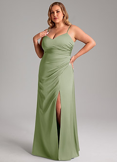 Azazie Azuree At-home Try On Dresses Dusty Sage A-Line Pleated Stretch Satin Dress image9