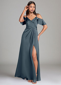 Azazie Dakota Bridesmaid Dresses Twilight A-Line Off the Shoulder Stretch Satin Dress image4