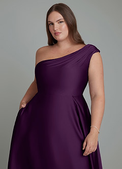 Azazie Melanie Bridesmaid Dresses Grape A-Line Off the Shoulder Stretch Satin Dress image12