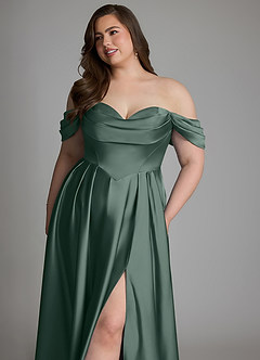 Azazie Loisa Vestidos de damas de honor Vestido Musgo Marino de Satén Elástico de Línea A con Hombros descubiertos image15