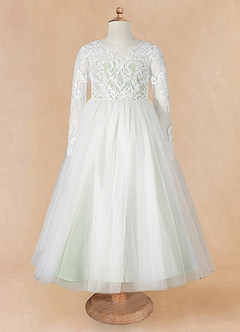 Azazie Elodie Flower Girl Dresses Ivory Dusty Sage Ball-Gown Lace Dress image10