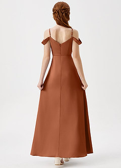 Azazie Ocean Junior Copper A-Line Off the Shoulder Stretch Satin Dress image2