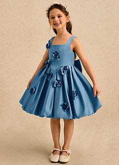 Azazie Lillian vestidos de niña de las flores Vestido Azul Acero de Satin Mate de Vestido de princesa con Plisado image1