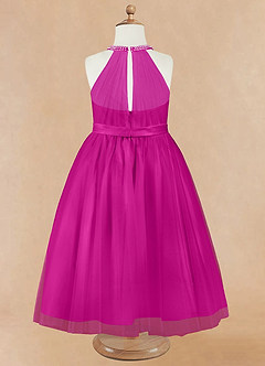 Azazie Honey Flower Girl Dresses Fuchsia A-Line Beaded Matte Satin Dress image9