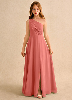 Azazie Puddles Girls Formal Flower Girl Dresses Salmon Pink A-Line One Shoulder Chiffon Dress image6
