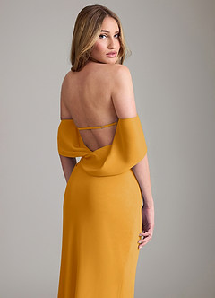 Azazie Lusinda Vestidos de madrinha de casamento Vestido Caramelo de Chiffon de sereia com Fora do ombro image3