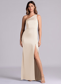 Azazie Phaedra Bridesmaid Dresses White Alabaster A-Line One Shoulder Stretch Satin Dress image4