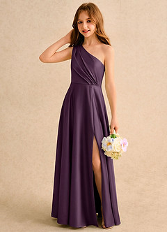 Azazie Puddles Girls Formal Abiti da Ragazza di Fiori Abito A-Line in Raso Elasticizzato Monospalla Prugna image3