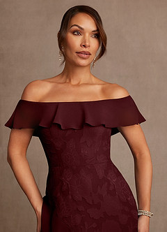 Azazie Marina Mother of the Bride Dresses Cabernet A-Line Off the Shoulder Floral Burnout Dress image5