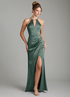 Azazie Aidyn Bridesmaid Dresses Sea Moss Sheath Pleated Stretch Satin Dress image1
