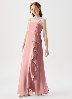Azazie Kaylee Junior Rosette A-Line with Belt Stretch Satin Dress image4