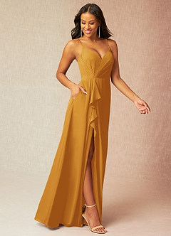Azazie Kyedae Bridesmaid Dresses Butterscotch A-Line V-Neck Pleated Chiffon Dress image3