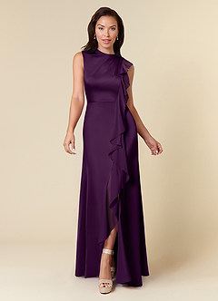 Azazie Narine Mother of the Bride Dresses Grape A-Line High Neckline Pleated Stretch Satin Dress image3