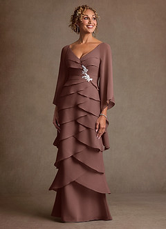 Azazie Arabinda Abiti per la Madre della Sposa Abito Tubino in Chiffon Increspato Espresso image4