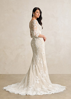 Azazie Neela Hochzeitskleider Meerjungfrau-Linie V-Hals Spitze Tüll Kleid Diamantweiß Champagner image2