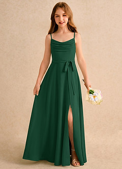 Azazie Jasslyn Girls Formal Robe Demoiselle D'honneur Fillette Robe Trapèze en Mousseline de soie Plissé Vert Foncé image1