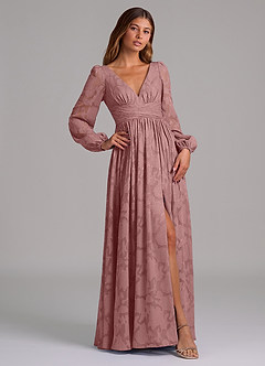 Azazie Norah Brautjungfernkleider A-Linie Langarm Blumen-Burnout Kleid Altrosa image4