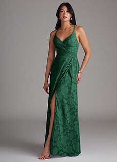 Azazie Davis Bridesmaid Dresses Dark Green A-Line Pleated Floral Burnout Dress image1