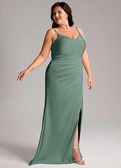 Azazie Deandra Brautjungfernkleider Meerjungfrau-Linie Plissee Stretch-Satin Kleid Eukalyptus image11