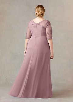 Azazie Dionysus At-home Try On Dresses Dusty Rose A-Line Boatneck Lace Chiffon Dress image7