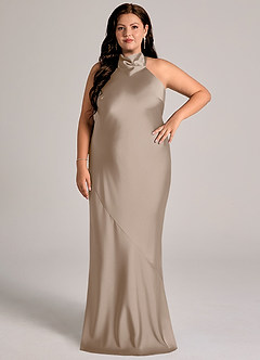 Azazie Velli Vestidos de damas de honor Vestido Gris Pardo de Satén Elástico de Corte Sirena con Cuello alto image2