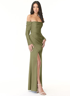 Azazie Hallie Vestidos de damas de honor Vestido de Pistacho de Satén Elástico de Corte Recto Convertible con Manga larga con hombros descubiertos image5