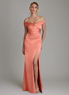 Azazie Teyana Bridesmaid Dresses Salmon Pink Sheath Off the Shoulder Stretch Satin Dress image4