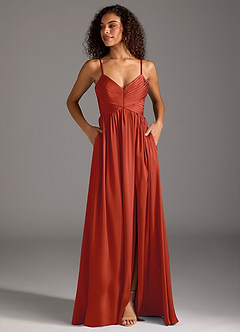 Azazie Alia Bridesmaid Dresses Rust A-Line Pleated Stretch Satin Dress image7