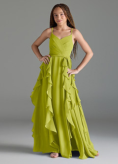 Azazie Peyton Junior Lemongrass A-Line V-Neck Cascading Ruffles Chiffon Dress image1