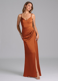 Azazie Leo Bridesmaid Dresses Cinnamon Sheath Pleated Stretch Satin Dress image4