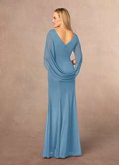 Azazie Belladonna vestidos de madre de la novia Vestido de Azul Acero de Malla de Sirena con Cuello en V Plisado image4