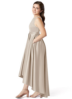 Azazie Inaya Junior Frost A-Line with Belt Stretch Satin Dress image3