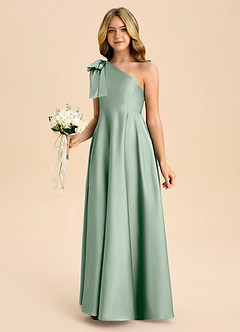 Azazie Penguin Junior Agave A-Line Bow Stretch Satin Dress image5