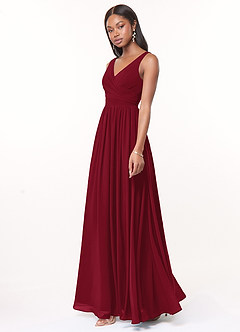 Azazie Keyla Bridesmaid Dresses Burgundy A-Line V-Neck Pleated Chiffon Dress image2