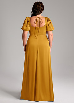 Azazie Fyona Robes de demoiselle d'honneur Robe Trapèze en Satin extensible Plissée Caramel écossais image9