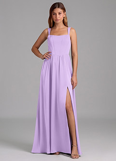 Azazie Rosaline Bridesmaid Dresses Lilac A-Line Side Slit Stretch Satin Dress image1