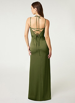 Azazie Desi Bridesmaid Dresses Bright Olive Sheath Halter Corset Stretch Satin Dress image3