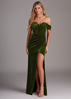 Azazie Jas Robes de demoiselle d'honneur Robe Fourreau Convertible en velours Schulterfreies Korsett Olive image1