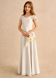 Azazie Nari Girls Formal Flower Girl Dresses White Alabaster A-Line with Sleeves Chiffon Dress image3