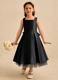 Azazie Josie Flower Girl Dresses Black A-Line Pleated Matte Satin Dress image4