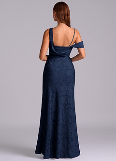 Azazie Madelyn At-home Try On Dresses Dark Navy Mermaid One Shoulder Floral Burnout Convertible Dress image7