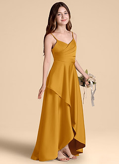 Azazie Prisha Junior Butterscotch A-Line Pleated Stretch Satin Dress image1