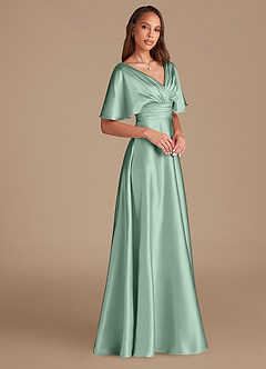Azazie Pamela Bridesmaid Dresses Agave A-Line Pleated Metallic Satin Dress image3